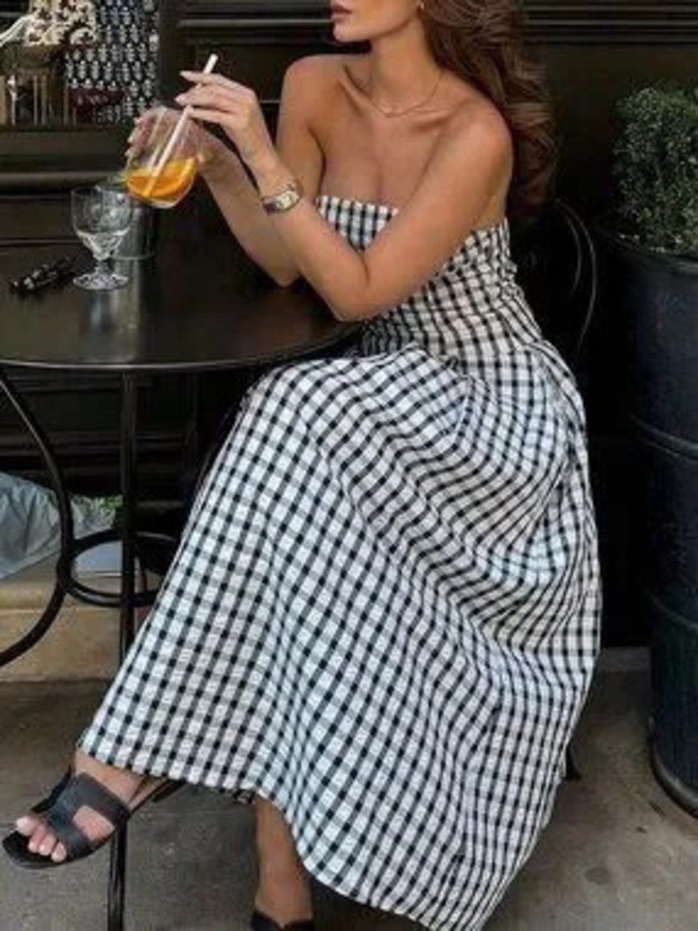 ZARA Black And White Casual Women's Plaid Pleated Tube Dress